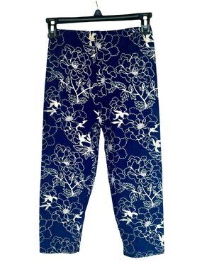 Blue & White Floral Print Skimmer Capri Leggings One Size